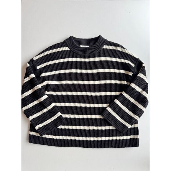 H&M Black Ivory Striped Cotton Chunky Rib Knit Crew Neck Loose Sweater, Size S - Picture 7 of 14